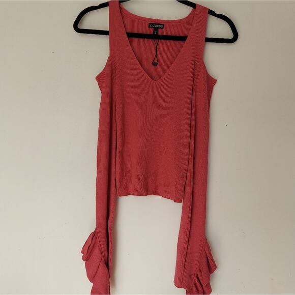 Express Sweater Top Womens XS Pink V-Neck Cold Shoulder Ruffle Sleeve - Picture 1 of 7